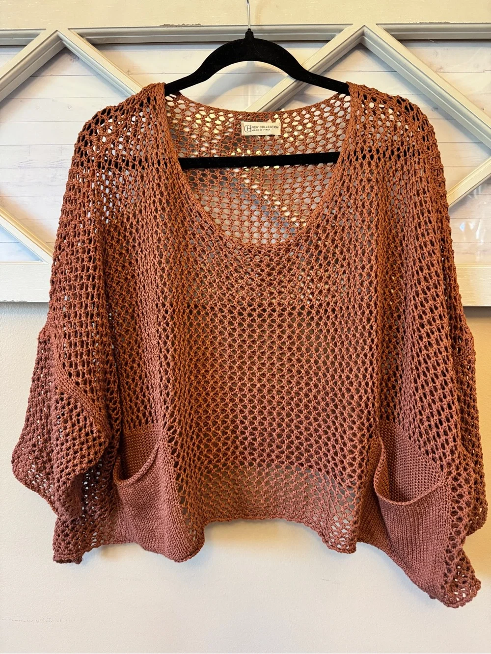 Sweater Women's Crochet Open Knit Oversized Pockets Made In Italy‎ Rust